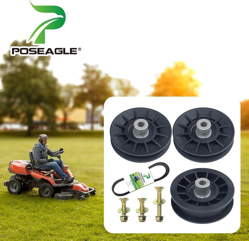 POSEAGLE 2 Pack 532194326 V-Groove Idler Pulley with 532194327 Flat Idler Pulley 532125907 Belt 1/2x90 and Hardware Kit for Husqvarna 2748GLS 2354GXLS GT48XLS GT54LS TS348 TS354D Lawn Tractors - Image 2